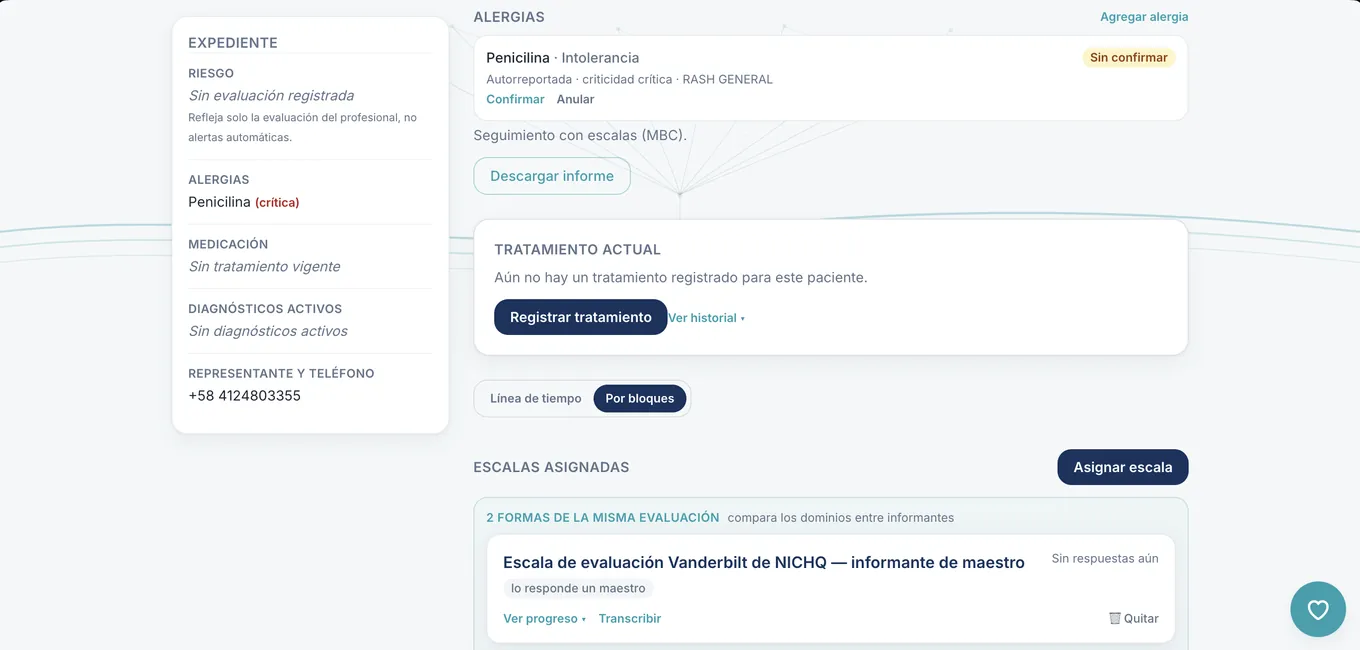 Expediente del paciente con riesgo, alergias, medicación, diagnósticos activos y representante fijos en la columna izquierda.