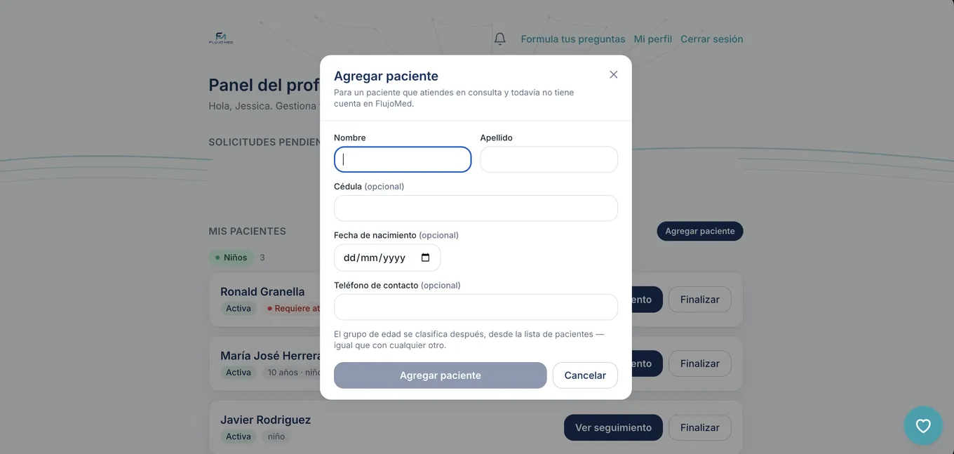 Panel del profesional con la lista de pacientes agrupada por edad y el formulario para agregar uno nuevo.