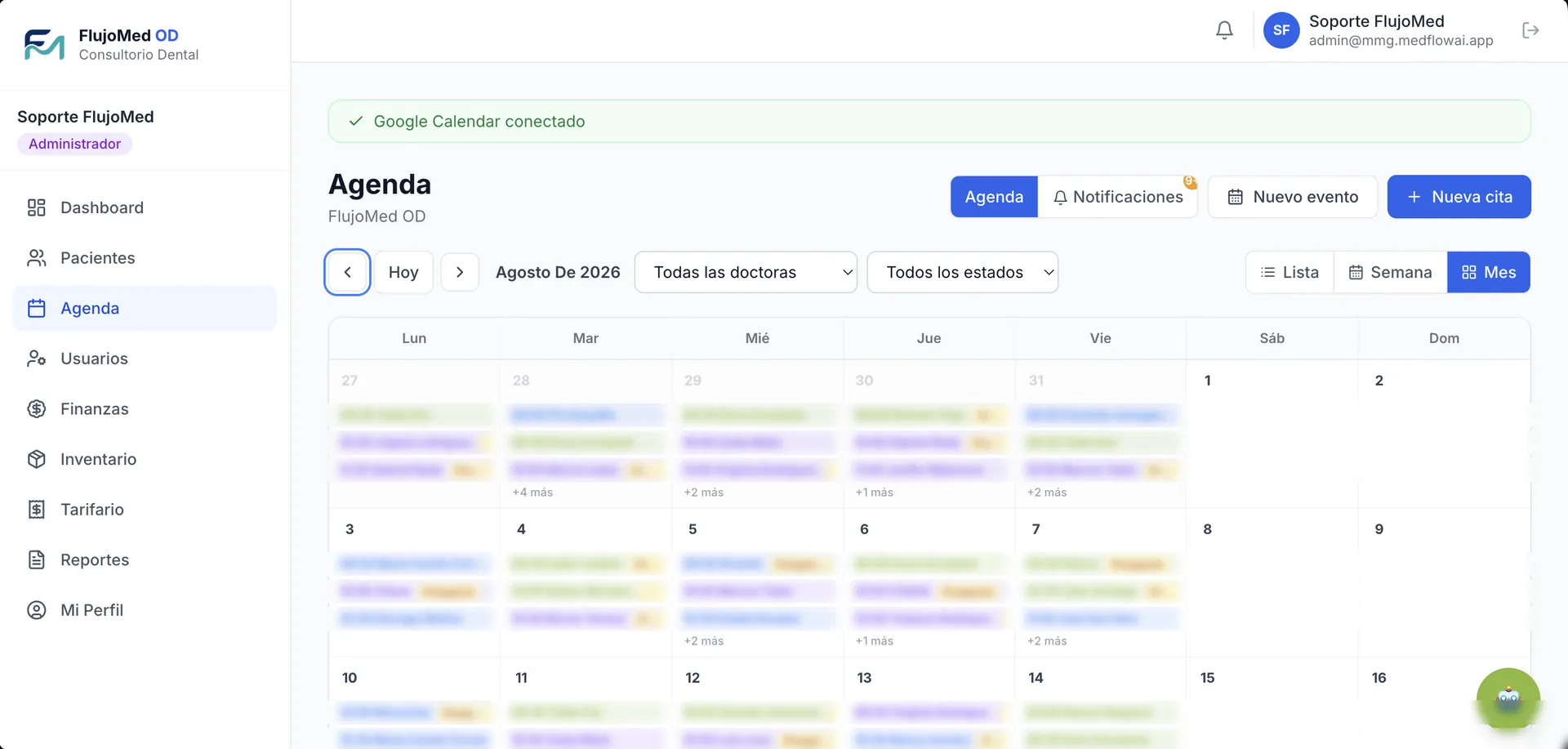 Agenda mensual del consultorio con filtros por profesional y por estado, y aviso de Google Calendar conectado.