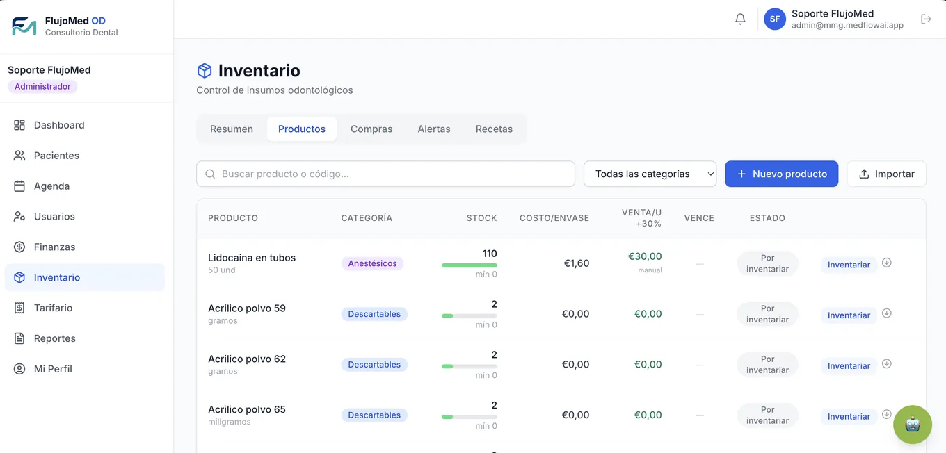 Inventario de insumos con stock, mínimos, costo por envase, precio de venta y estado de cada producto.