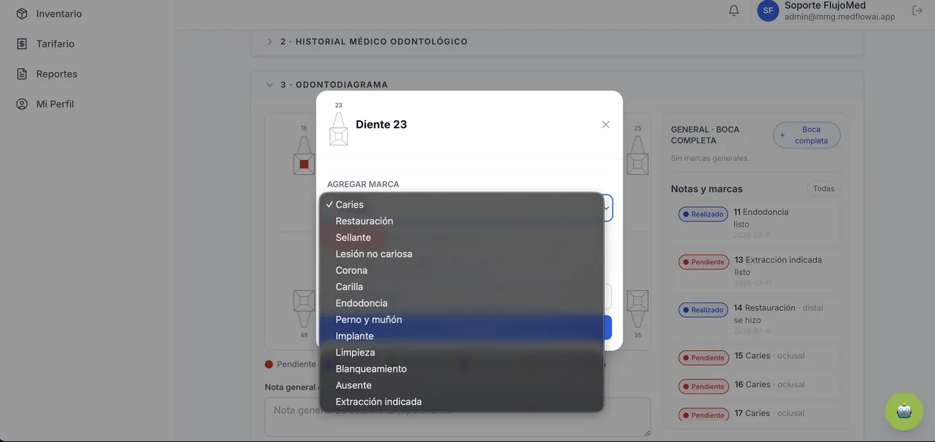 Ficha de un diente con la lista de tipos de marca desplegada.